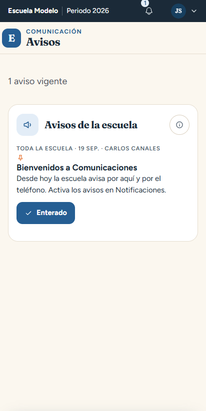 Comunicado de la institución con el botón Enterado en el teléfono del encargado