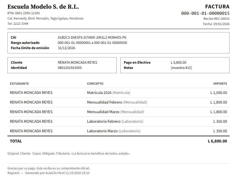 Factura con CAI, rango autorizado y fecha límite de emisión