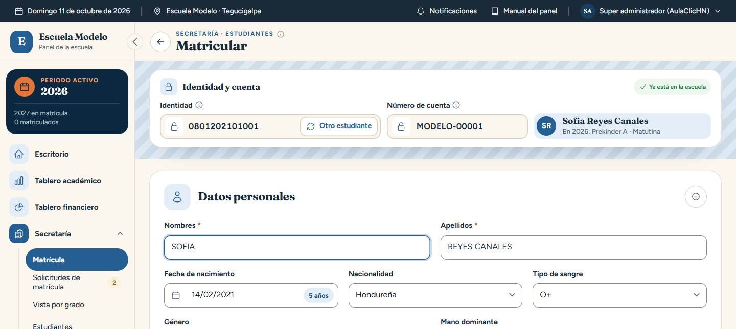 Pantalla de matrícula con la identidad verificada