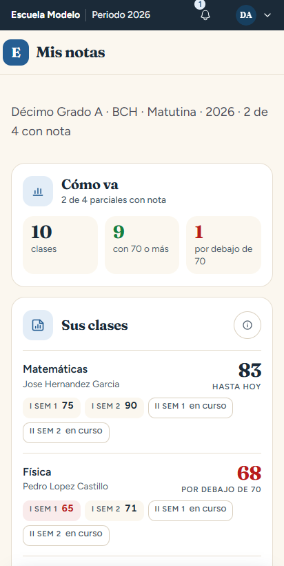 Mis notas del perfil estudiante en el teléfono