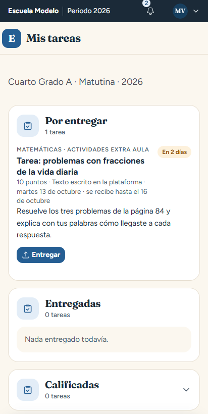 Tareas del perfil estudiante en el teléfono